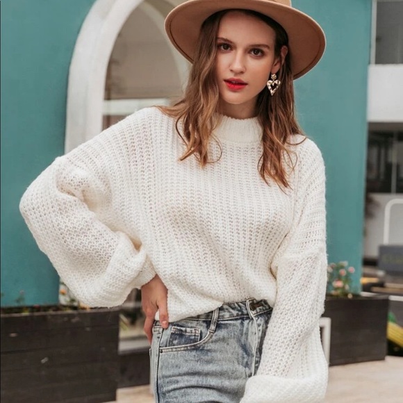 Sweaters - Oversized Knit Sweater Chunky Lantern Sleeve White